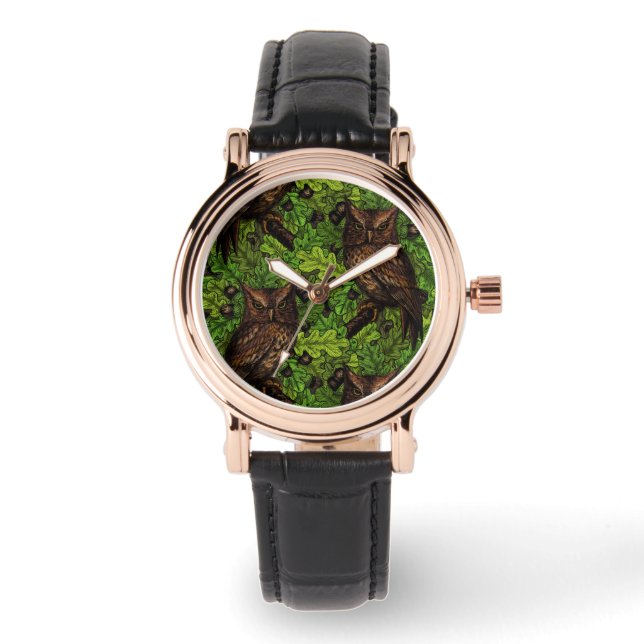 Montre Chouettes dans le chêne, vert et marron (Recto)