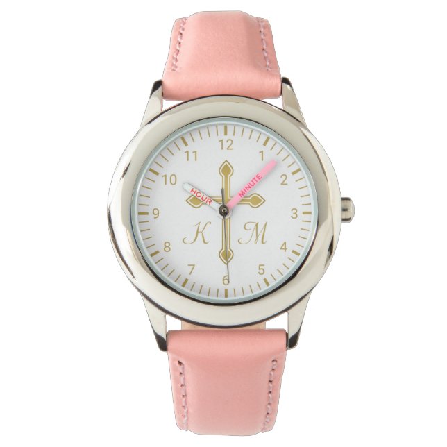 Montre Christian Simple Gold Cross sur White Monogramme (devant)