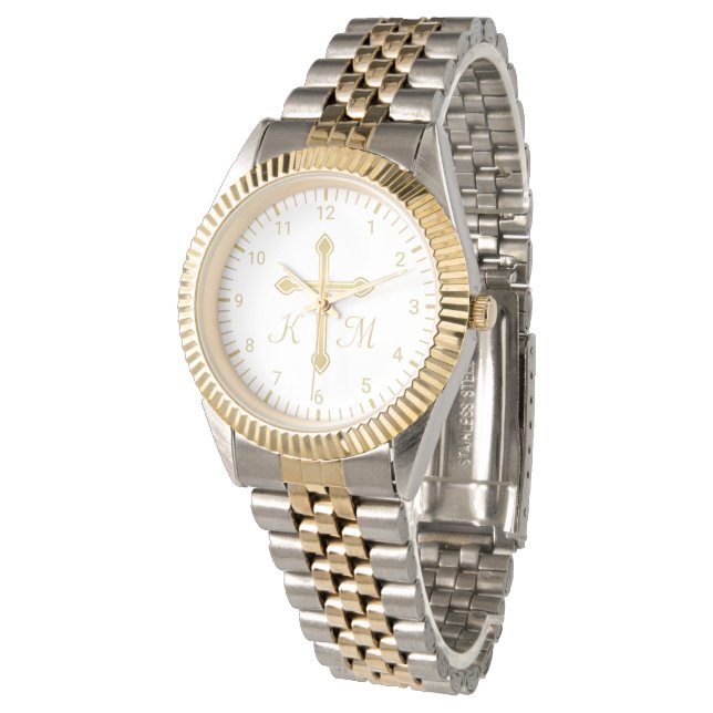 Montre Christian Simple Gold Cross sur White Monogramme (Incliné)
