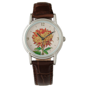 Montre Chrysanthème japonais vintage. Or et orange