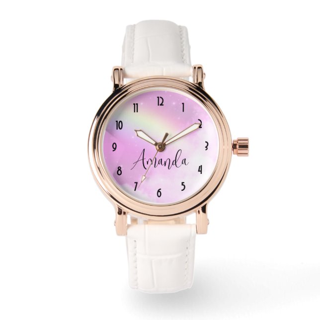Montre Ciel rose pastel avec arc-en-ciel jaune (Recto)