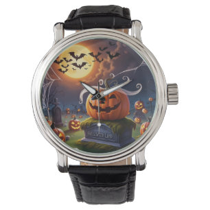 Montre Citrouille d'Halloween sur une pierre de tête