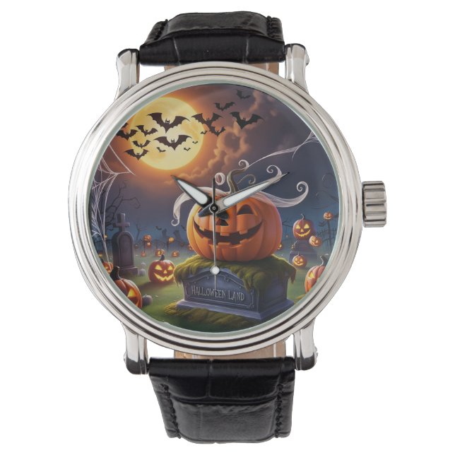 Montre Citrouille d'Halloween sur une pierre de tête (devant)
