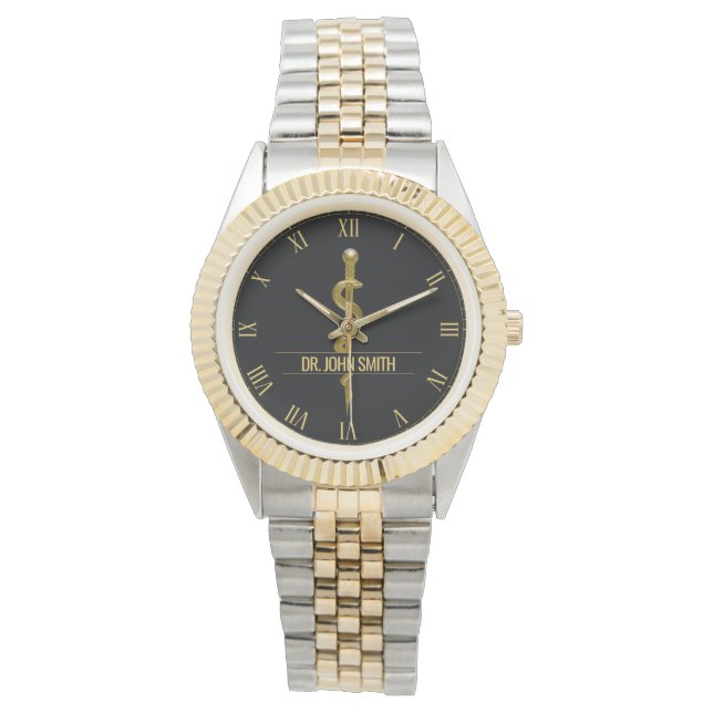 Montre Classy Rod of Asclepius Gold sur le nom Médicale n (devant)