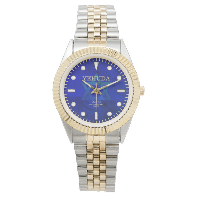 Montre Cobalt Blue Star of David Dial Nom personnalisé (devant)