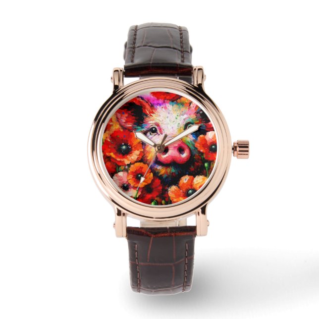 Montre Cochon impressionniste dans les fleurs de coquelic (Recto)