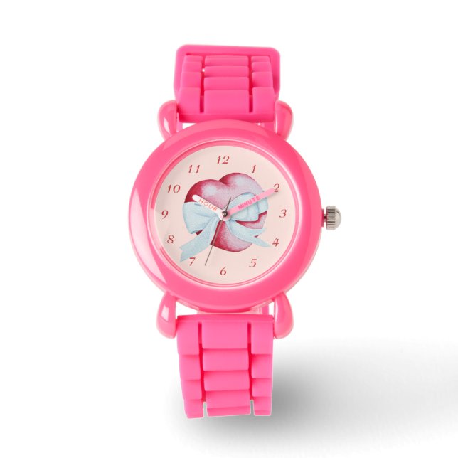 Montre coeur d'amour rouge romantique & arc blanc sur ros (Recto)