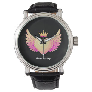 Montre Coeur d'ange avec ailes roses Cool et couronne Une