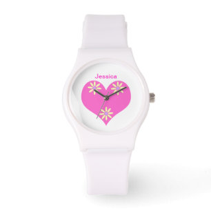 Montre Coeur rose et fleurs jaunes