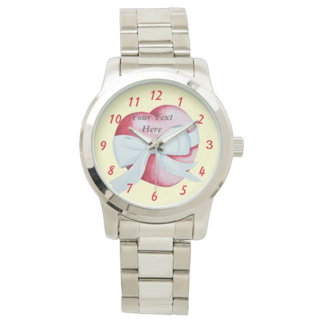 Montre coeur rouge romantique noué avec arc blanc (devant)