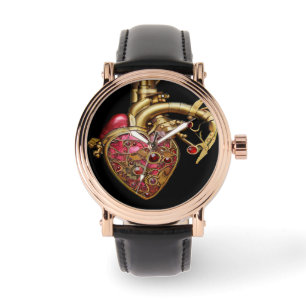 Montre Cœur Steampunk Rubis et Engrenages Anatomiques
