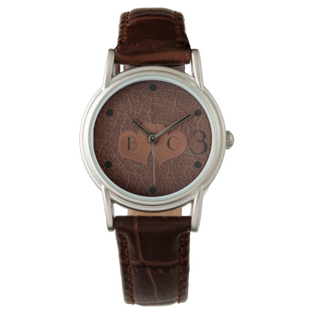 Montre Coeurs personnalisés Cuir 3e anniversaire Cadeau (devant)