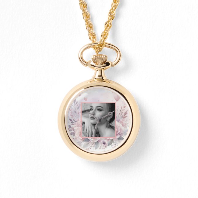 Montre Coeurs rose violet rose floral photo aquarelle (Recto)