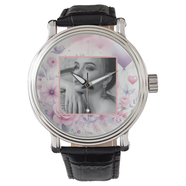 Montre Coeurs rose violet rose floral photo aquarelle (devant)