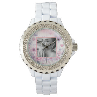 Montre Coeurs rose violet rose floral photo aquarelle