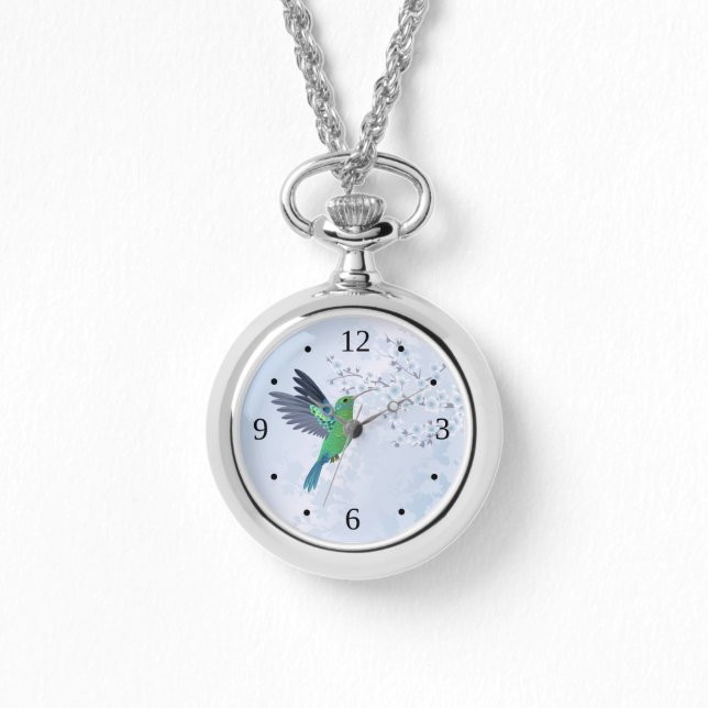 Montre Colibri Vert Avec Fleur De Cerisier Bleu (Recto)
