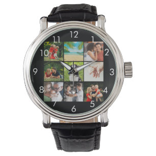 Montre Collage de 9 photos de famille personnalisé noir