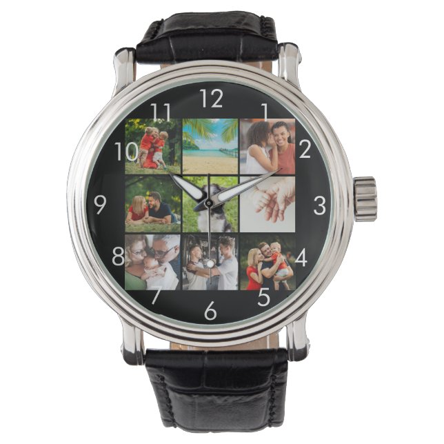Montre Collage photo de famille de 9 personnalisées noir (devant)