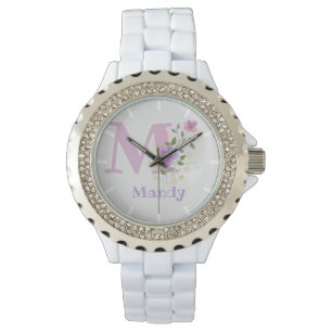 Montre Conception florale avec nom et initiale sur un