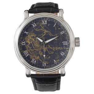 Montre Constellation de zodiac Gemini en or bleu vintage