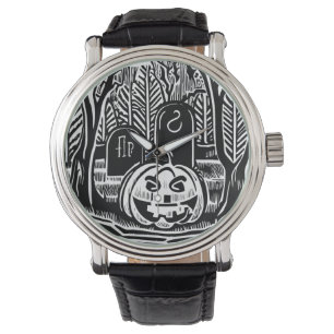 Montre Cool noir blanc Halloween Citrouille Cimetière Art