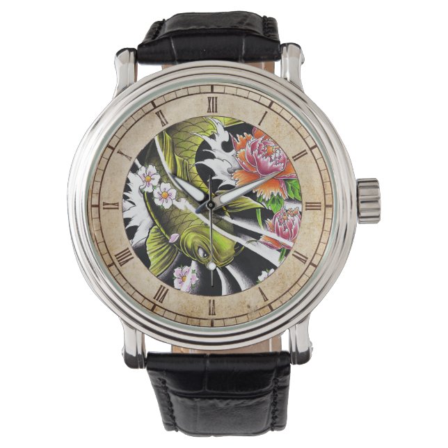 Montre Cool oriental japonais noir encre de chance koi po (devant)