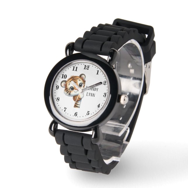 Montre Cool peeking tiger unisex enfants ajouter un nom (Angle)