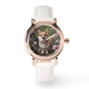 Montre Corgi Dans Les Roses Rose,