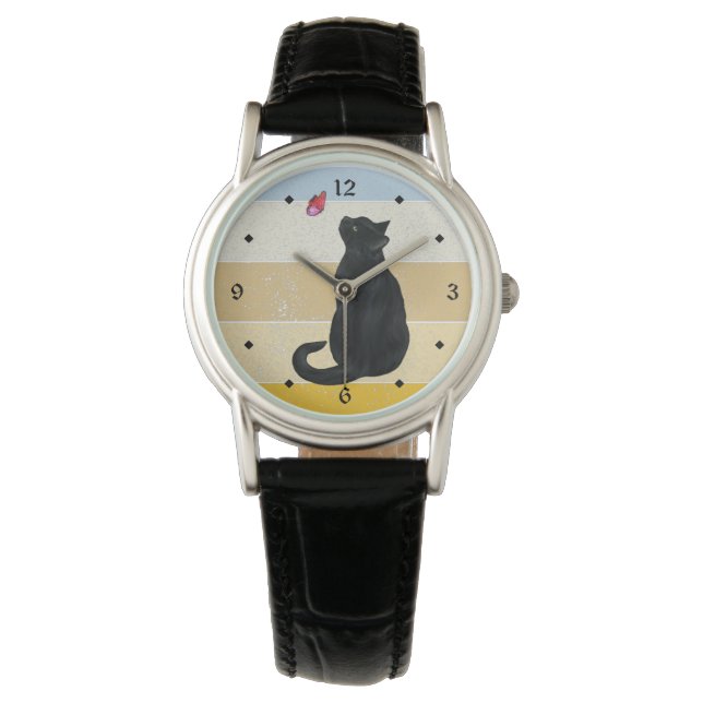 Montre Coucher de soleil rétro de papillon de chat noir (devant)