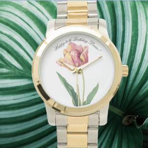 Montre Couleur d'eau personnalisée (texte) rose et jaune