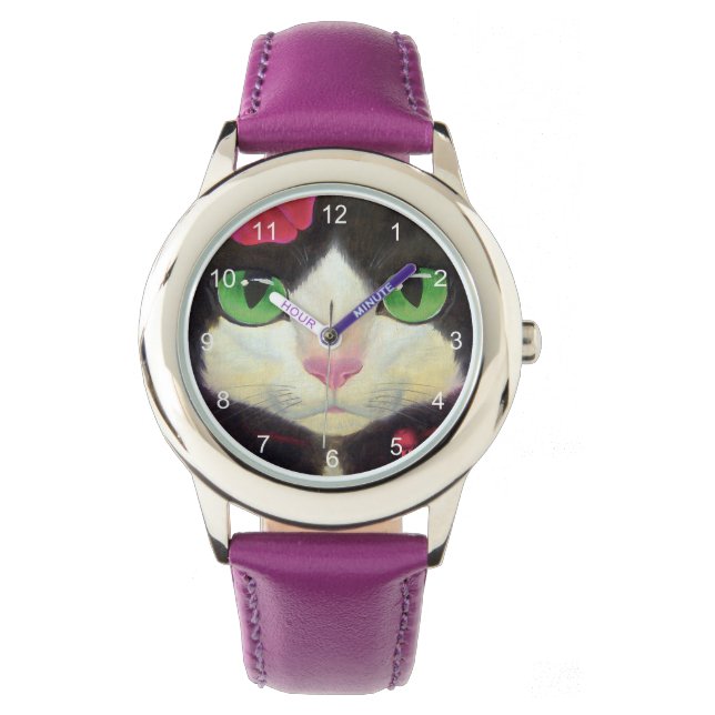 Montre Coupe Tuxedo Chat visage noir blanc rouge illustra (devant)