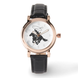 Montre Cowboy sur buccking cheval courir avec lasso