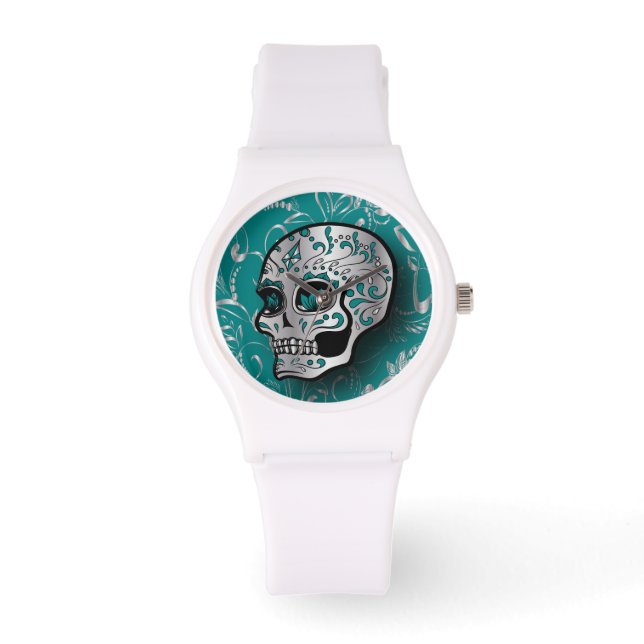 Montre Crâne à sucre Turquoise et argent Whimsical (Recto)