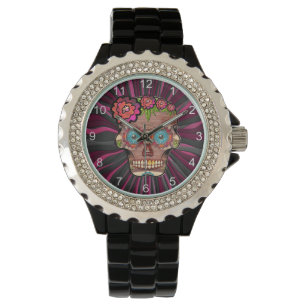 Montre Crâne de sucre en bois sculpté avec couronne fleur