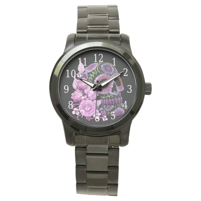 Montre Crâne de sucre rose floral noir Jour des morts (devant)