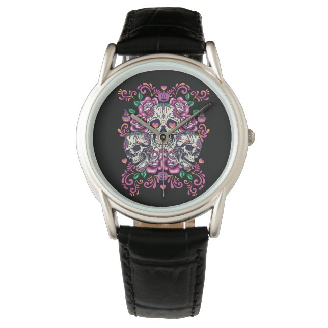 Montre Crâne floral, squelette aquarelle rose, Halloween. (devant)