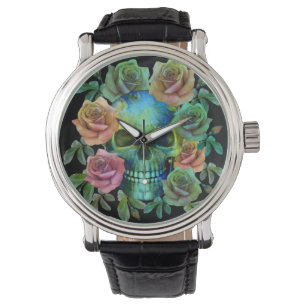 MONTRE CRÂNE VERT DE LA MORT AVEC FLEURS