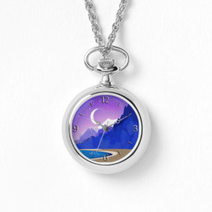 Montre Crescent Moon, Lac et Montagnes en Violet & Bleu