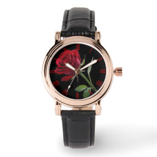 Montre Crimson sur l'ébène : La rose rouge unique,