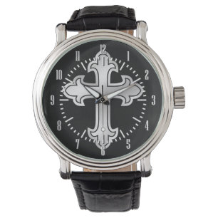 Montre Croix-chrétienne Argent fleuri sur noir