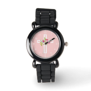 Montre Croix chrétienne avec les roses roses floraux