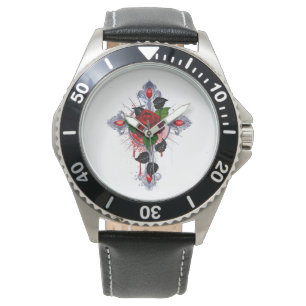 Montre Croix d'argent avec une rose rouge