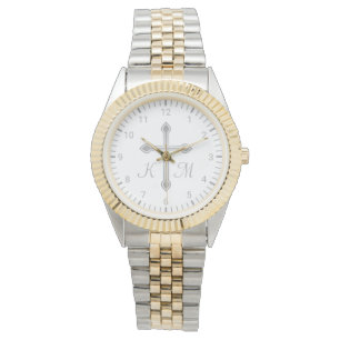 Montre Croix d'argent simple chrétienne sur un monogramm