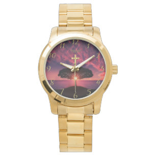 Montre Croix de foi chrétienne en or avec une phrase drôl