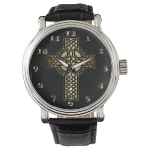 Montre Croix de noeud celtique en or et noir