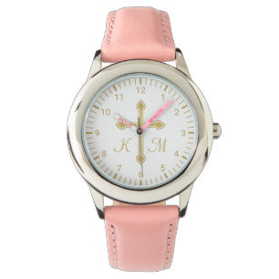 Montre Croix d'or simple chrétienne sur le monogramme bl