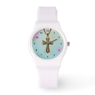 Montre Croix et chaîne fleuries d'or