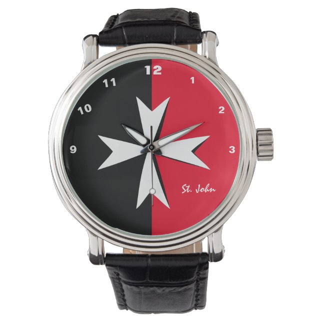 Montre Croix Maltaise Blanche & Malte drapeau mode / chev (devant)