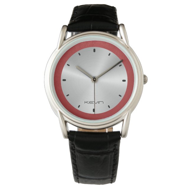 Montre Cuir rouge et acier inoxydable métallique (devant)