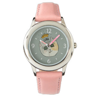 Montre Custom Cat Name Art - Chubby White Cat with Crown